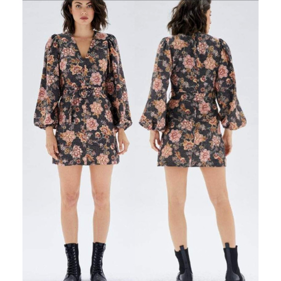MINKPINK Women's Floral Balloon Sleeve Mehdya V-Neck Mini Dress Size Large NWT - Picture 1 of 7